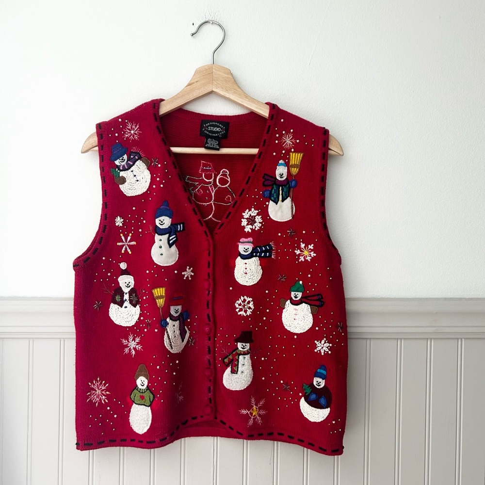 Vintage Designers Originals Small Red Embroidered Snowman Festive Vest